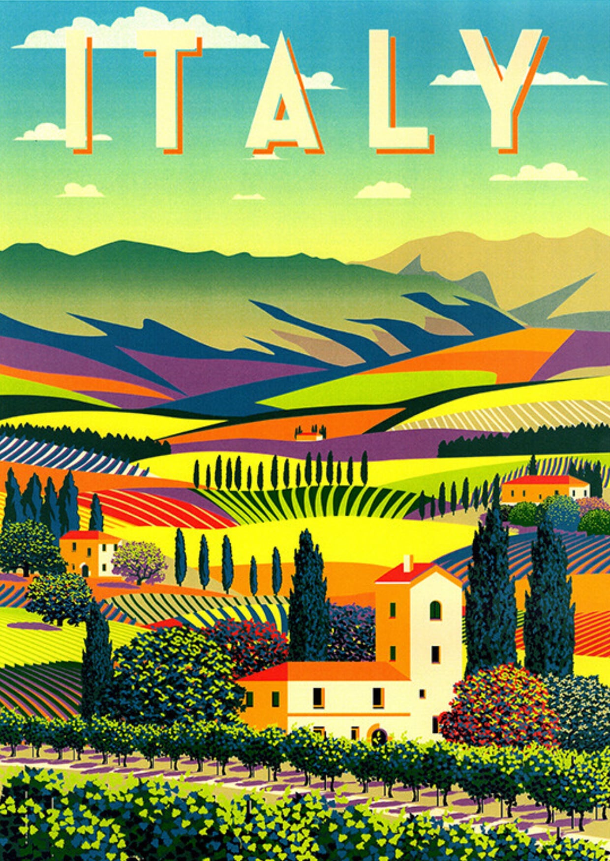 Vintage Italy travel poster — Tuscan hills