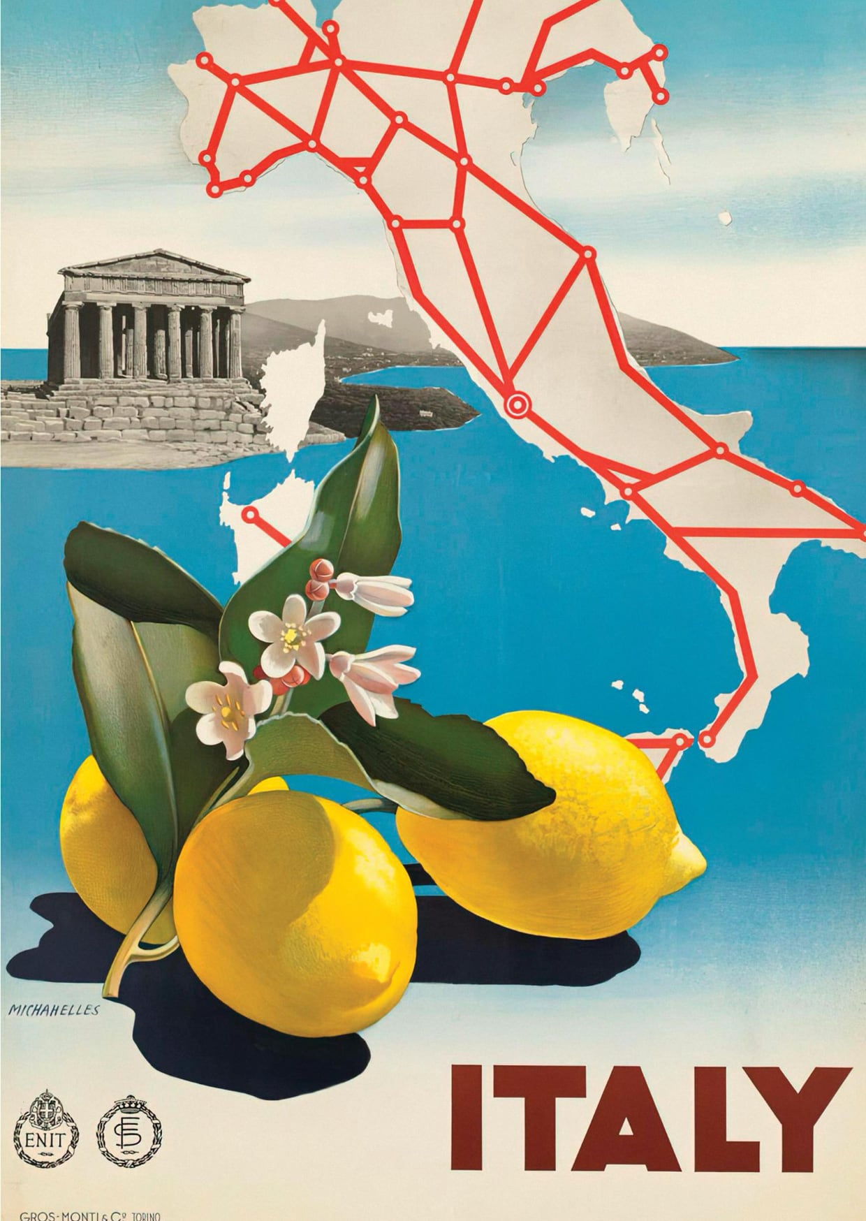 Italy ENIT lemons and map travel poster